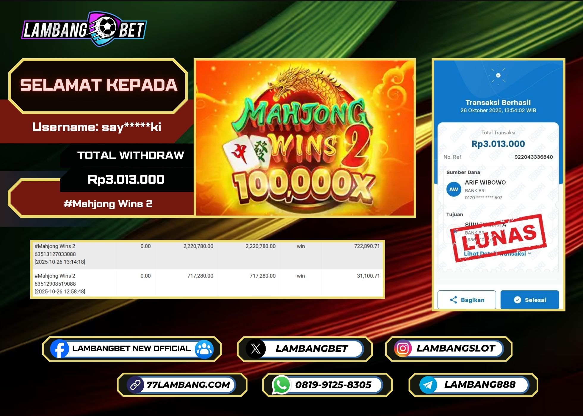 LAMBANGBET [7 OKTOBER 2025] JACKPOT SLOT Mahjong Ways "Rp9.060.000" LUNAS